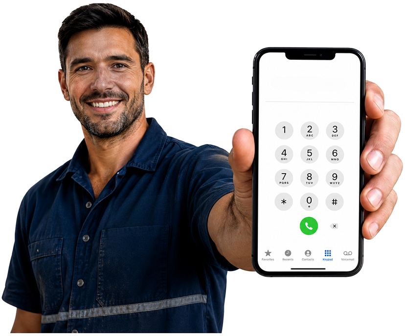 Galston Blocked Drains plumber holding a phone — call 1300 261 965