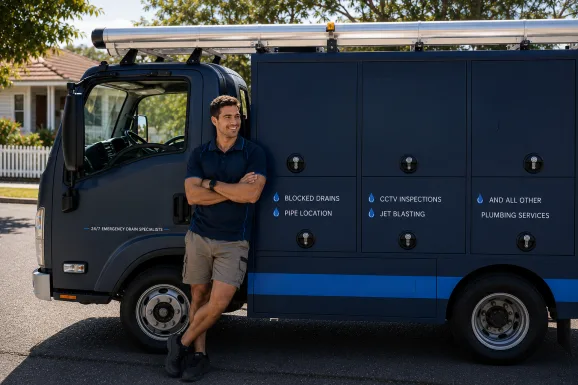 Plumber standing beside a service van in Galston