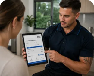 Plumber showing a Galston customer the quote on a tablet