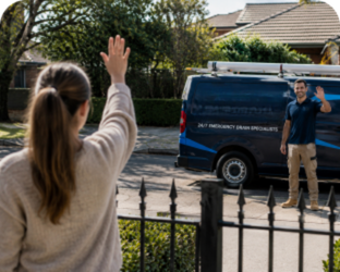 Customer waving goodbye to a Galston Blocked Drains plumber